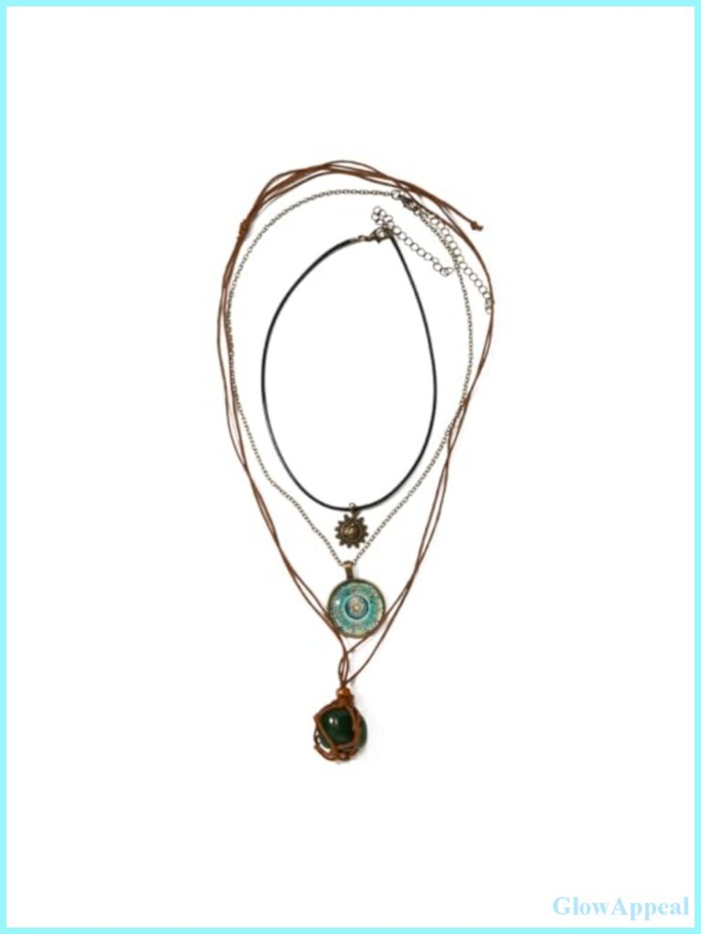 Boho Layered Necklace Set Crystal Stone Leather Rope Sun Charm Choker